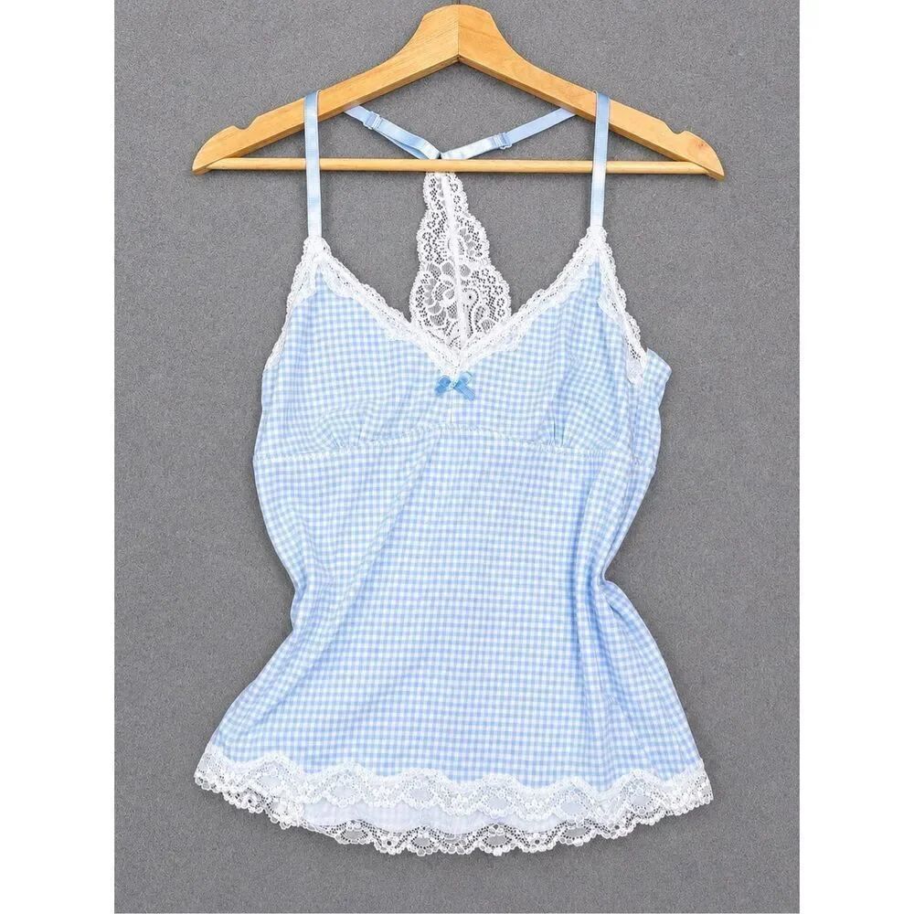 Laura Ashley Blue Gingham Lace Trim Cami Top Size M Cottagecore Coquette Y2K